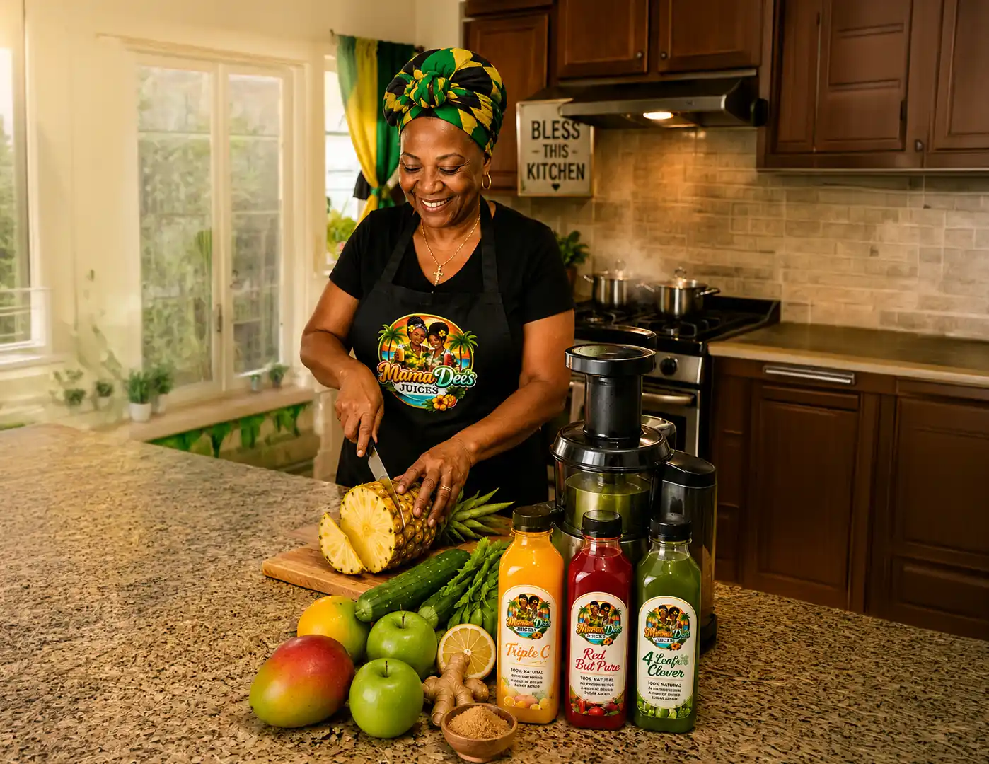 Mama Dee preparing fresh fruit and juice in her kitchen