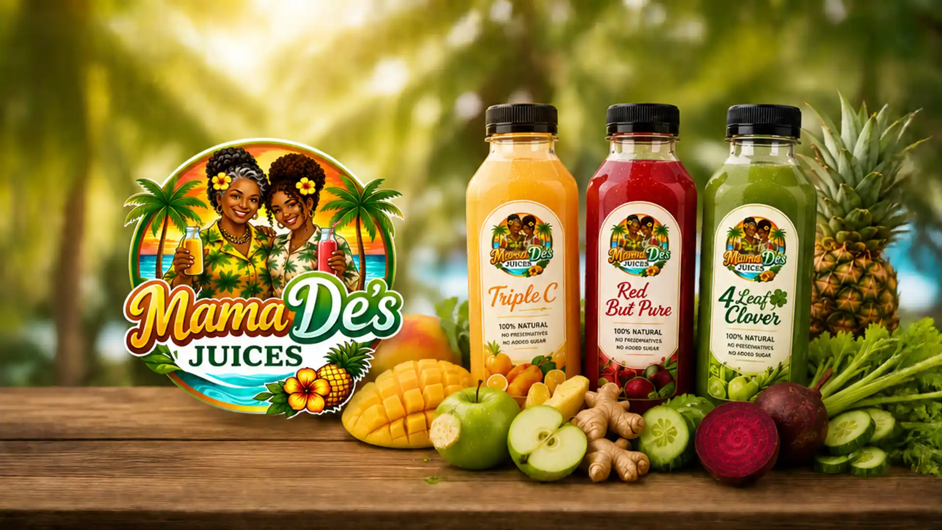 Mama Dee's Juices logo, fresh juice bottles, fruits, and vegetables